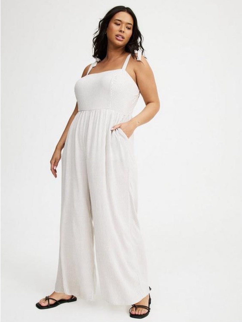 Women’s White Striped Wide-Leg Jumpsuit